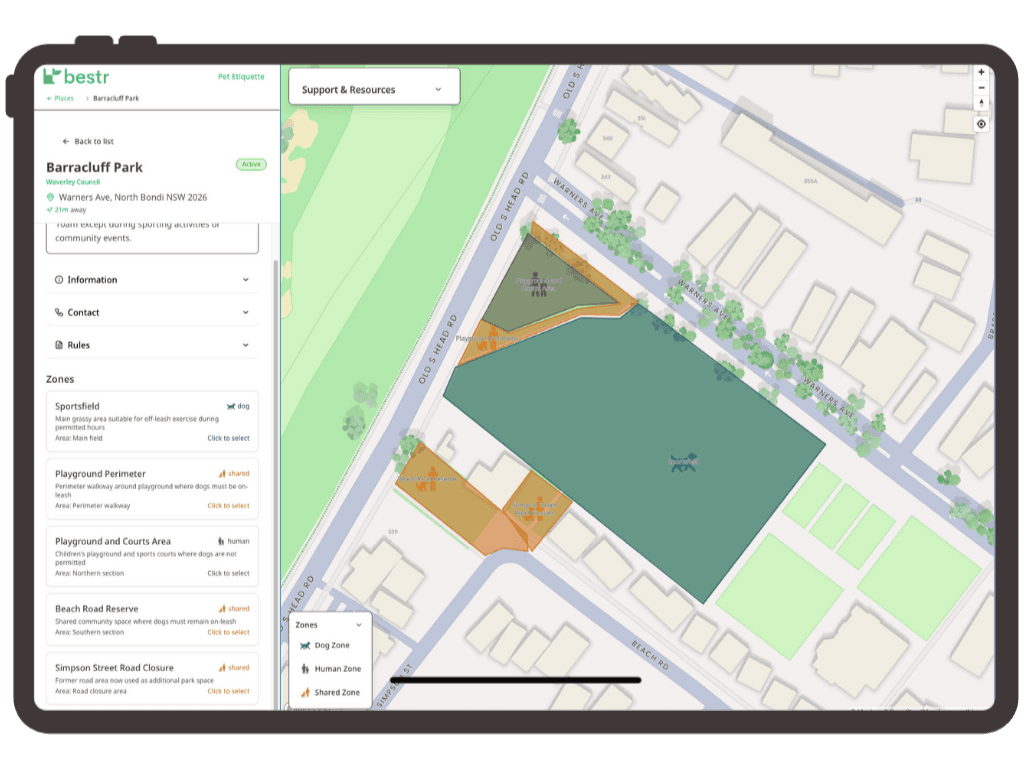 Bestr Zones tablet mockup showing a park map with dog-friendly zones, pet rules, and QR code integration for local council signage